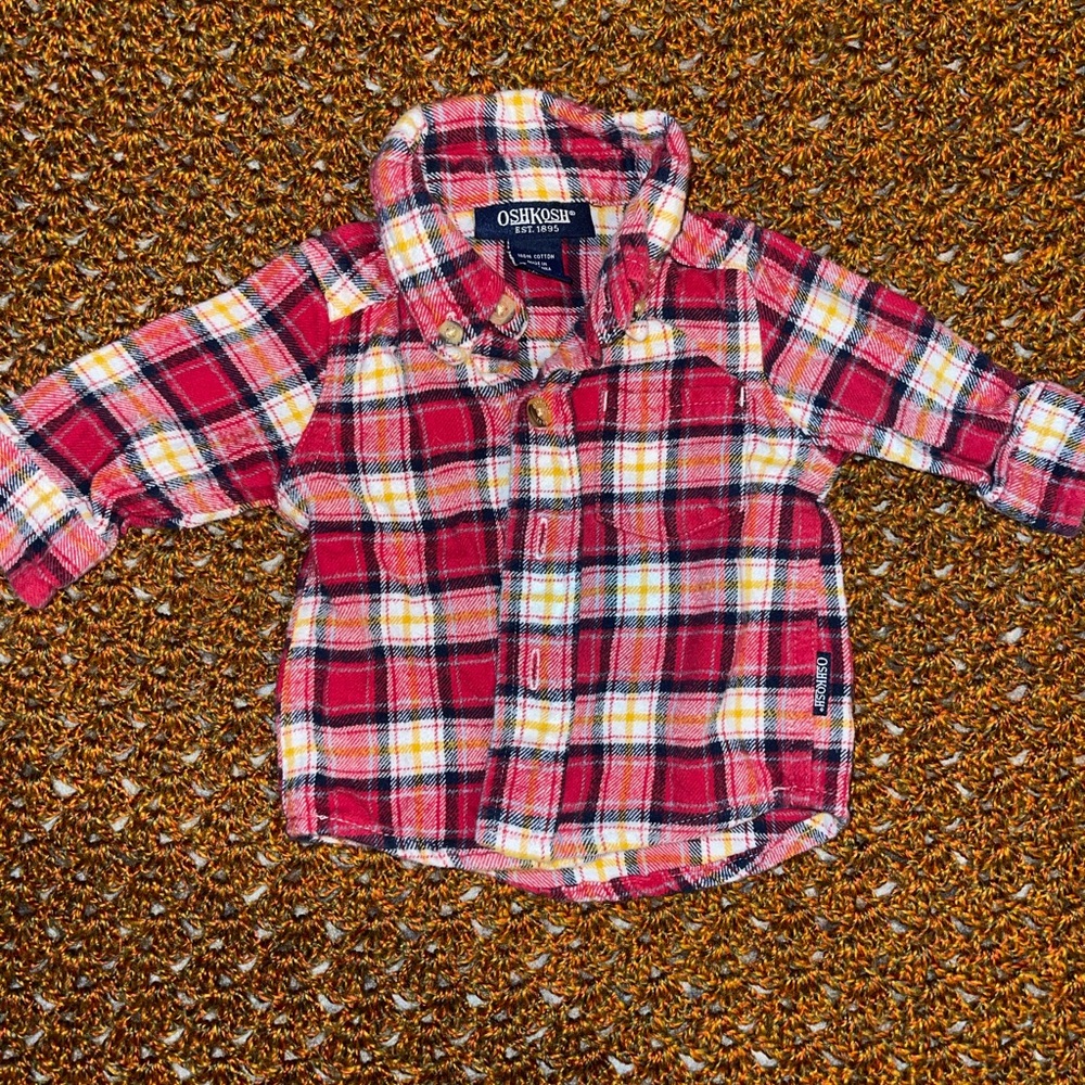 Vtg Oshkosh plaid button down long sleeve shirt red 100% cotton soft warm 0-3